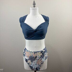 CUPSHE Two-piece High-waist Swimsuit Blue Top/ Floral Bottoms  XL